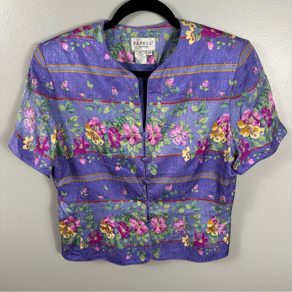 Adrianna Papell Vintage Floral Silk Button Short Sleeve Blouse Women’s 12P
